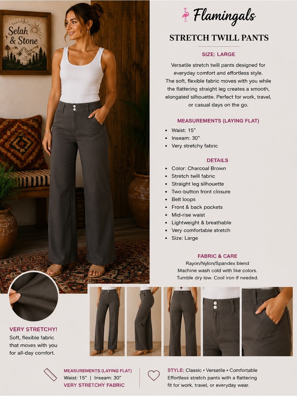 Flamingals Charcoal Brown Straight Leg Stretch Twill Pants